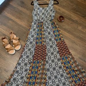 bohemian print, multi-print, maxi dress